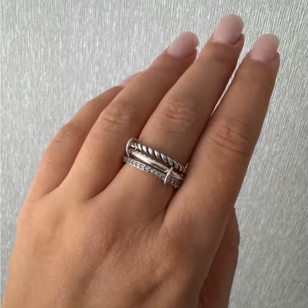 Sterling Silver Twisted and Pavé Stackable Ring - Silver - Picture 2 of 3